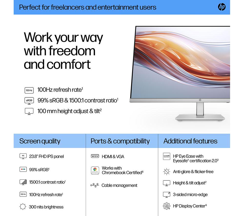HP Series 5 524sh Full HD 24" IPS LCD Monitor - Black & Silver