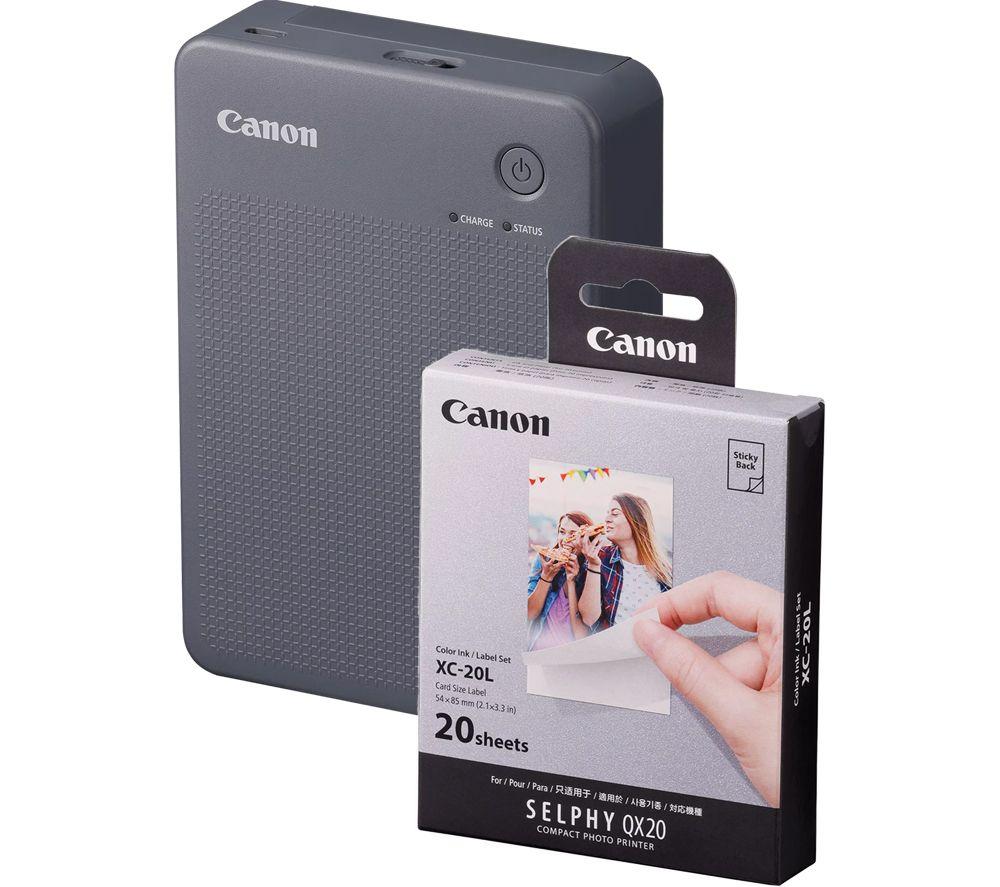 CANON SELPHY QX20 Portable Colour Photo Wireless Printer & XC-20L 54 x 85 mm Photo Paper & Ink Set - Dark Grey, 20 Sheets