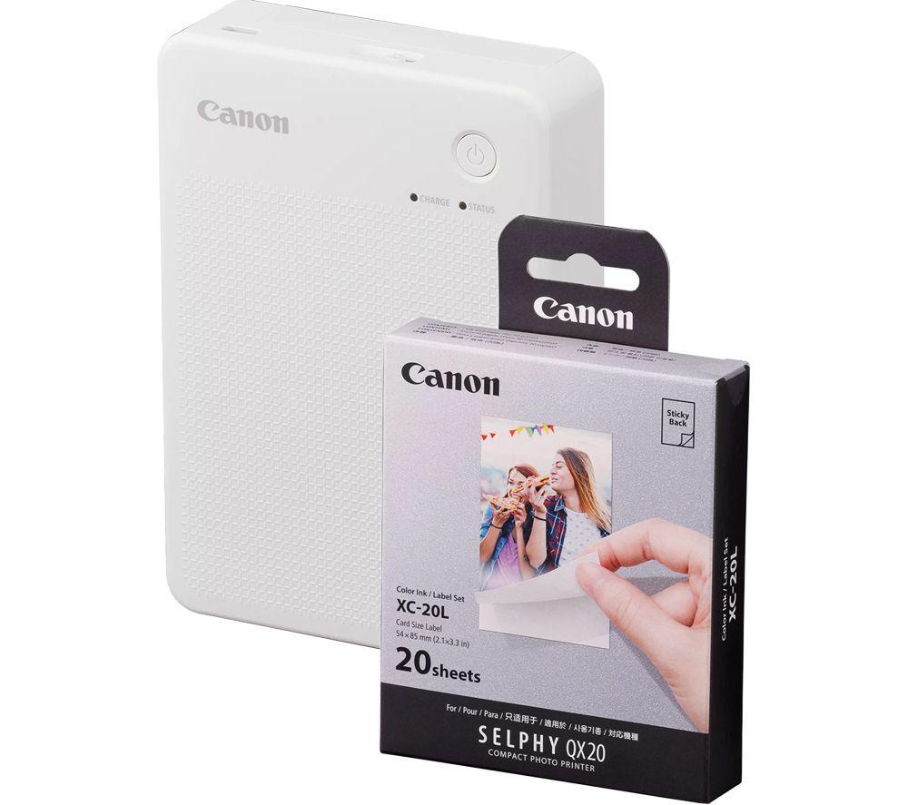 CANON SELPHY QX20 Portable Colour Photo Wireless Printer & XC-20L 54 x 85 mm Photo Paper & Ink Set - Sand White, 20 Sheets