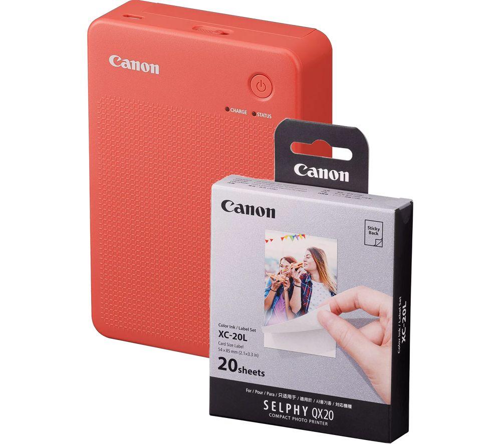 CANON SELPHY QX20 Portable Colour Photo Wireless Printer & XC-20L 54 x 85 mm Photo Paper & Ink Set - Terracotta Red, 20 Sheets