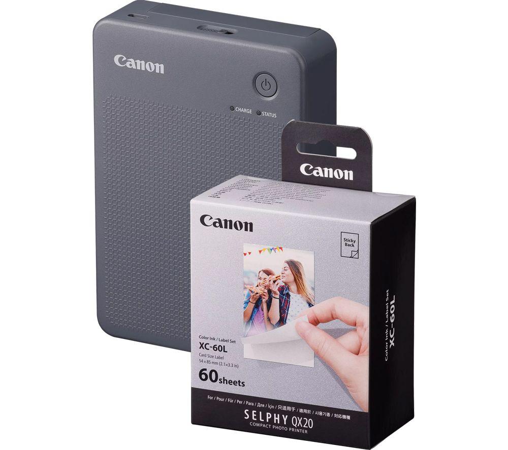 CANON SELPHY QX20 Portable Colour Photo Wireless Printer & XC-60L 54 x 85 mm Photo Paper & Ink Set - Dark Grey, 60 Sheets