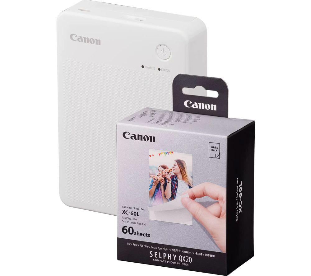 CANON SELPHY QX20 Portable Colour Photo Wireless Printer & XC-60L 54 x 85 mm Photo Paper & Ink Set - Sand White, 60 Sheets