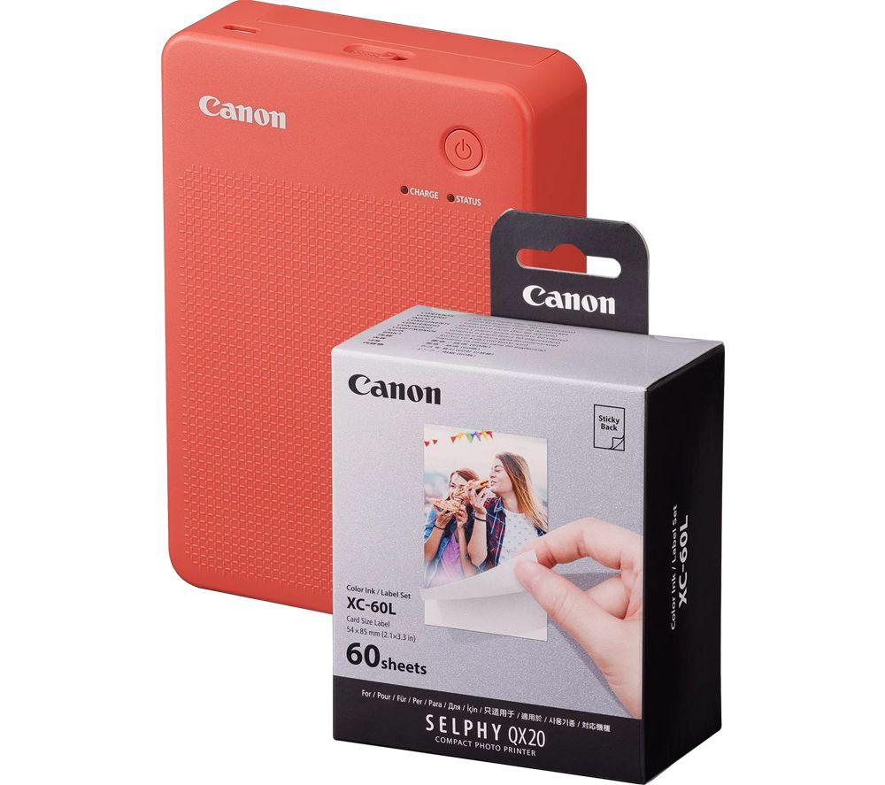 CANON SELPHY QX20 Portable Colour Photo Wireless Printer & XC-60L 54 x 85 mm Photo Paper & Ink Set - Terracotta Red, 60 Sheets
