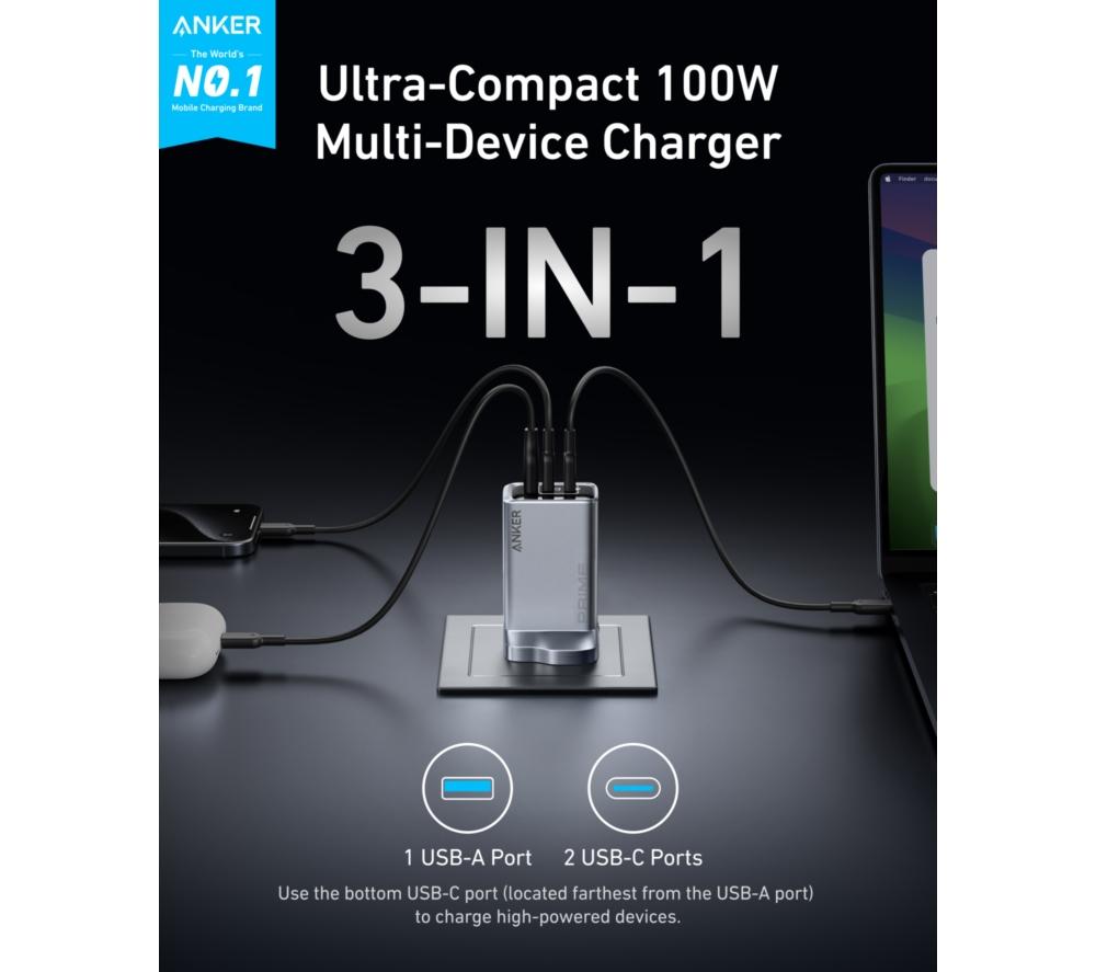 ANKER Prime 3-Port 100 W GaN USB Type-C Fast Charger