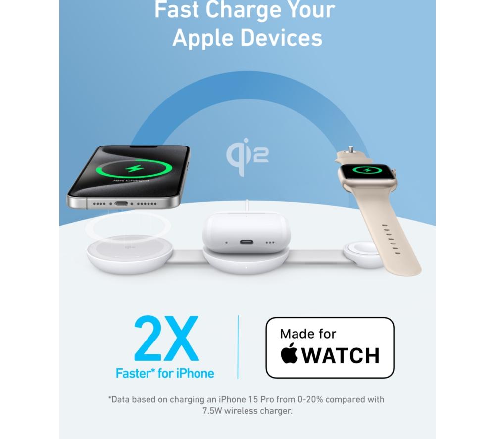ANKER MagGo 3-in-1 Qi2 15W Wireless Charging Pad - White