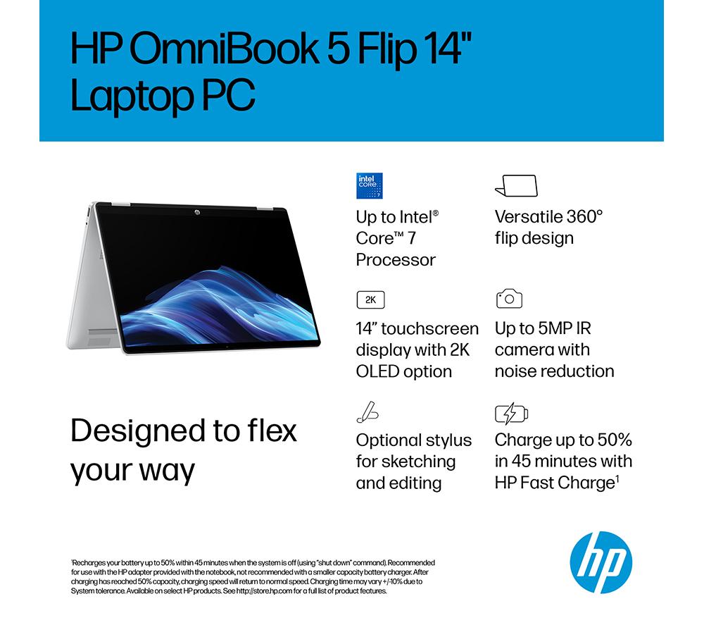 HP OmniBook 5 Flip 14" 2 in 1 Laptop - Intel® Core™ i7, 512 GB SSD, Silver