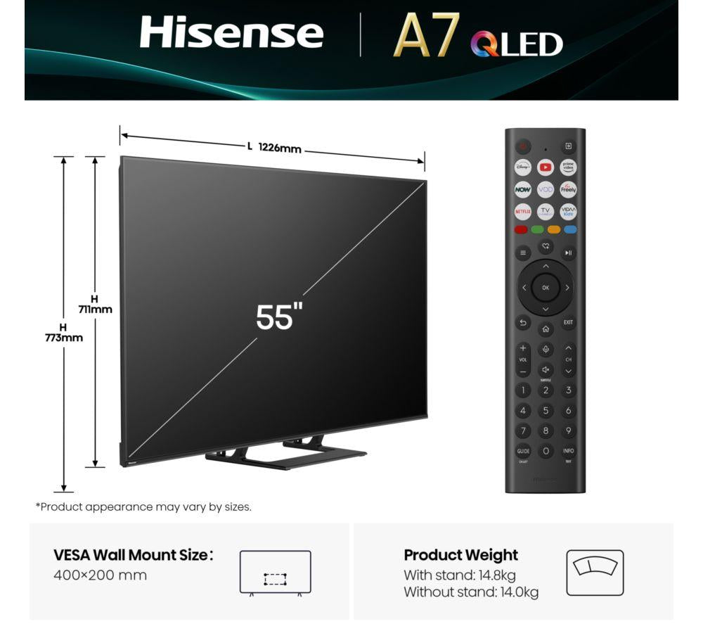 HISENSE A7Q 55" Smart TV QLED 4K con IA y Freely - 55A7QTUK