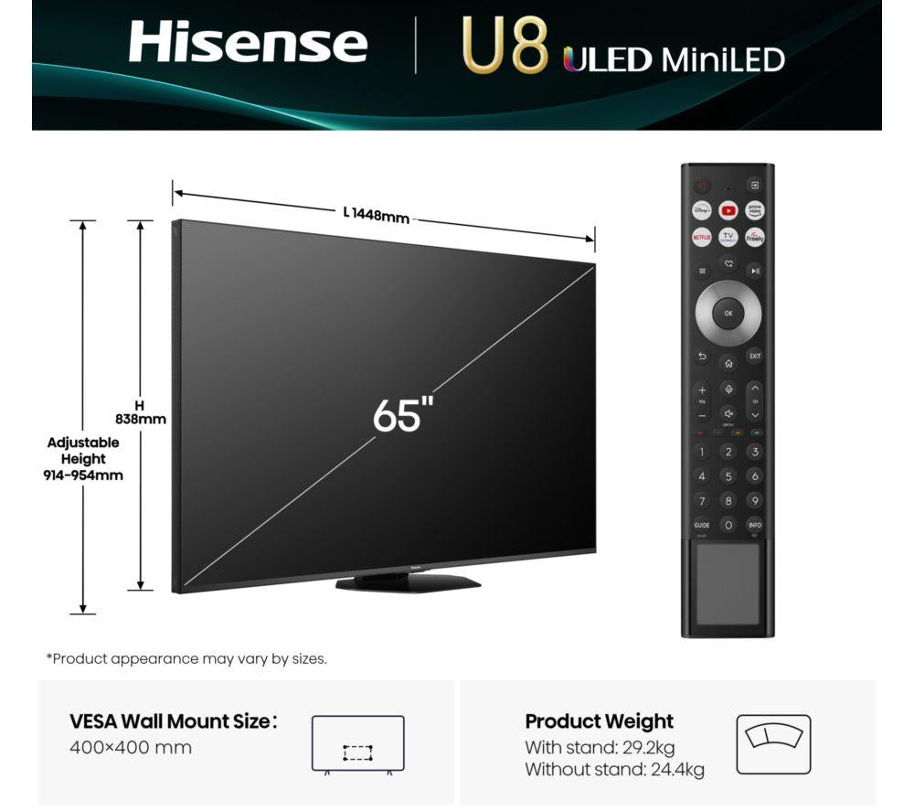 HISENSE U8Q 65" Mini LED 4K 165Hz Smart AI TV with Freely - 65U8QTUK