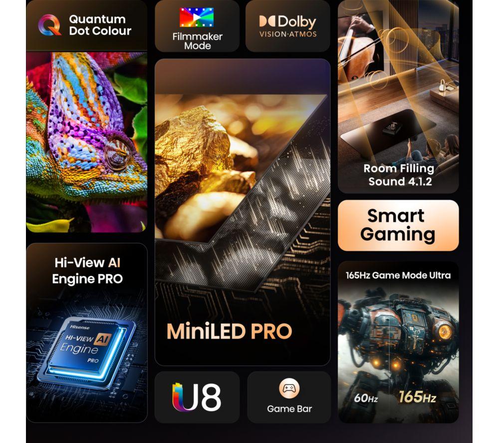 HISENSE U8Q 65" Mini LED 4K 165Hz Smart AI TV with Freely - 65U8QTUK