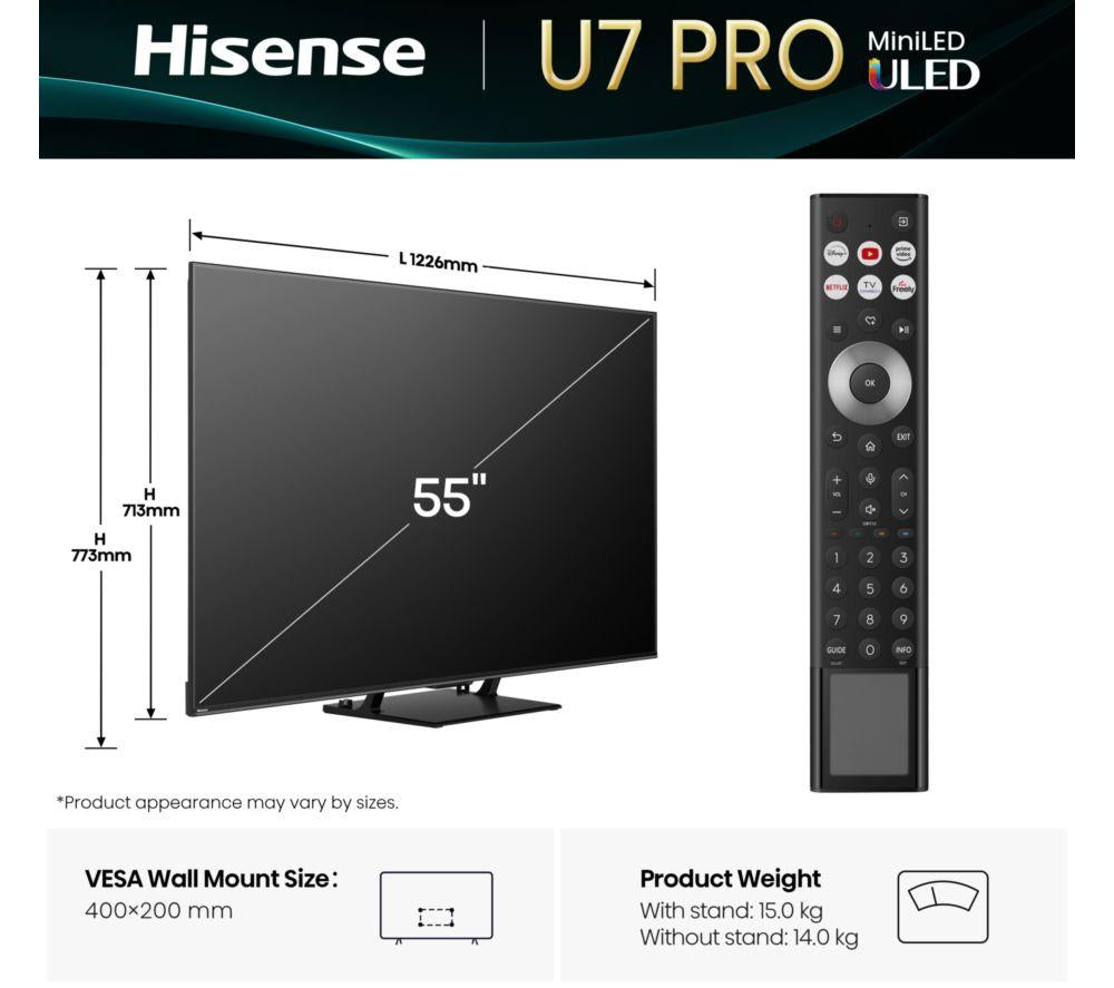 HISENSE U7Q PRO 55" Mini LED 4K 165Hz Smart AI TV with Freely - 55U7QTUK PRO