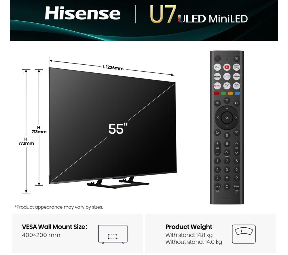 HISENSE U7Q 55" Mini LED 4K 144Hz Smart AI TV con Freely - 55U7QTUK