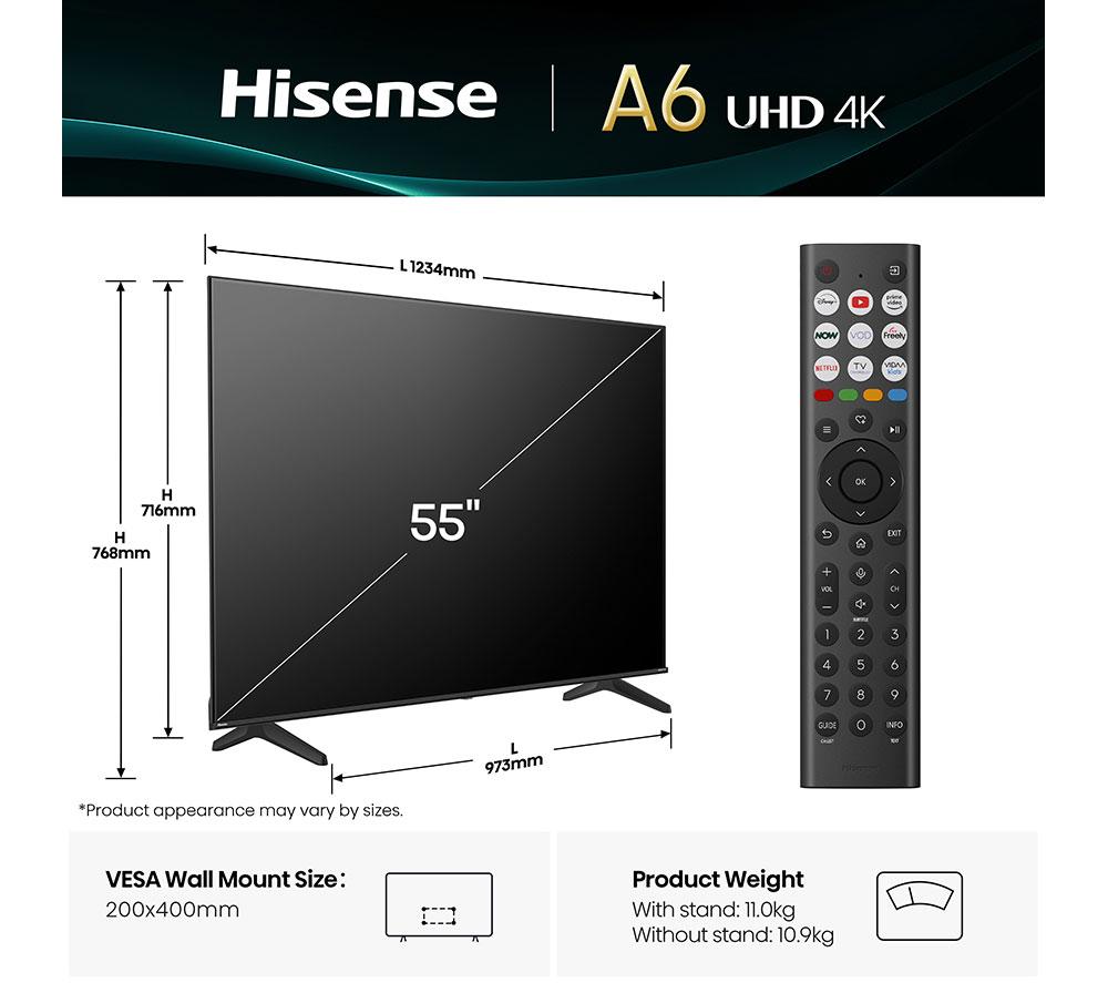 HISENSE A6Q 55" LED 4K HDR Smart TV with Freely - 55A6QTUK