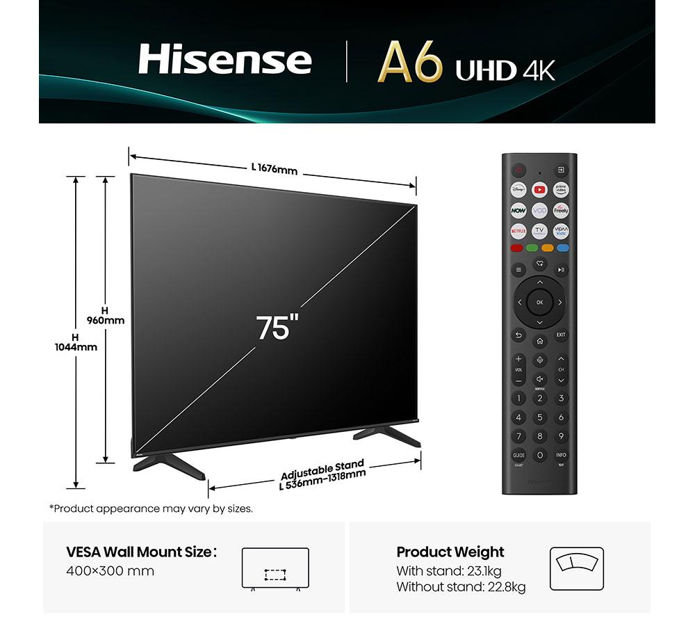 HISENSE A6Q Smart TV LED 4K HDR de 75" con Freely - 75A6QTUK