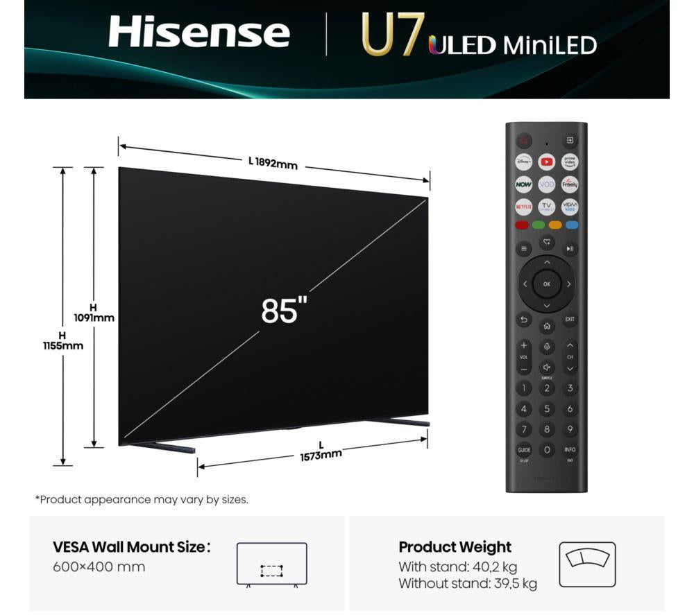 HISENSE U7Q 85" Mini LED 4K 144Hz Smart AI TV with Freely - 85U7QTUK