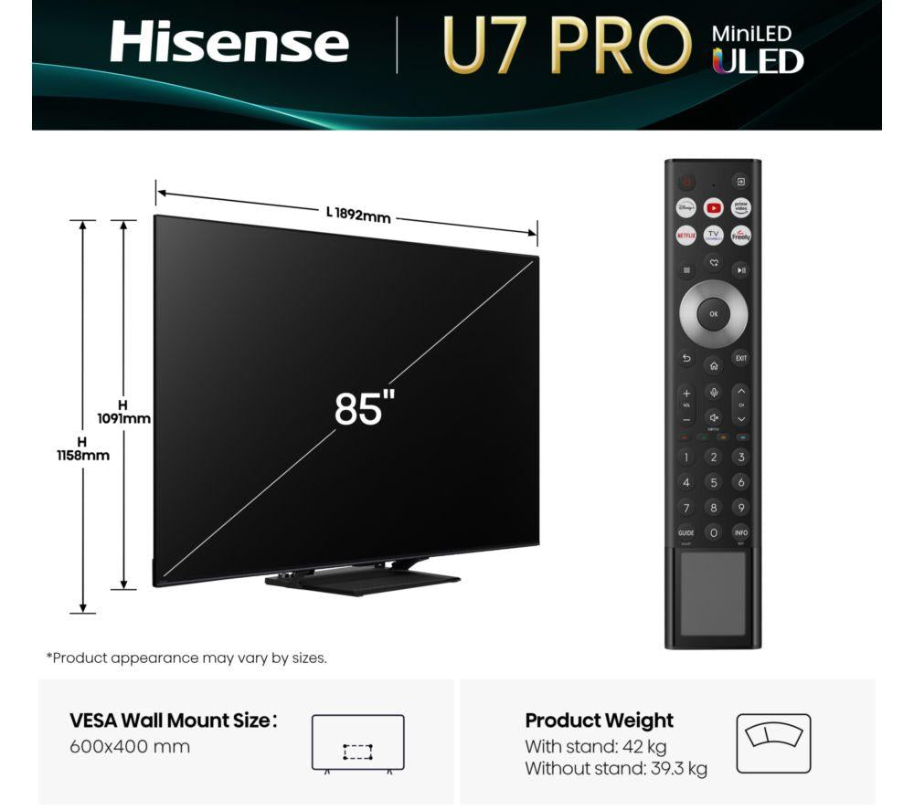 HISENSE U7Q PRO 85" Mini LED 4K 165Hz Smart AI TV with Freely - 85U7QTUK PRO