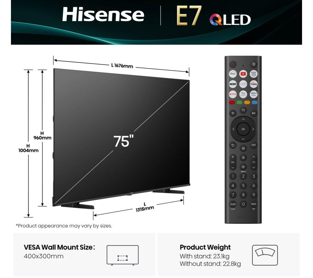 HISENSE E7Q Smart TV QLED 4K de 75" con IA y Freely - 75E7QTUK