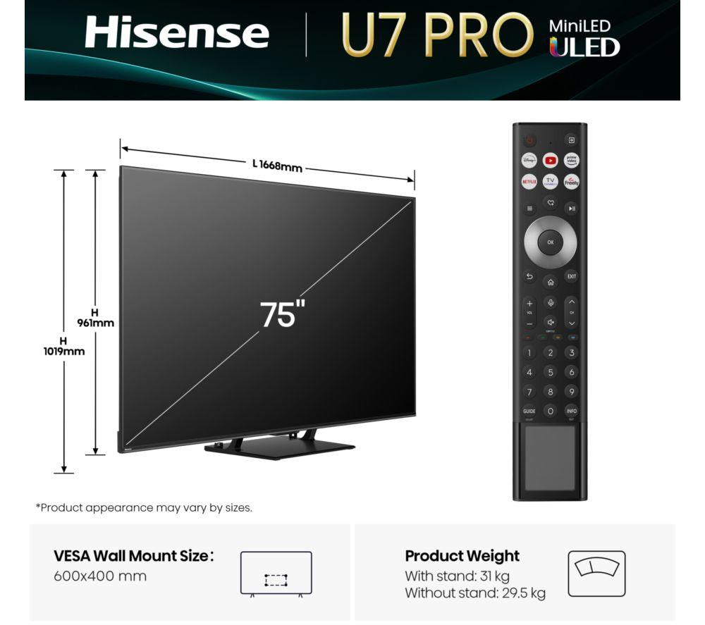 HISENSE U7Q PRO 75" Mini LED 4K 165Hz Smart AI TV with Freely - 75U7QTUK PRO