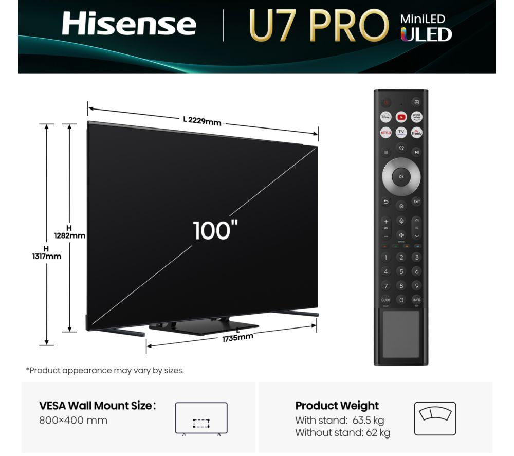 HISENSE U7Q PRO 100" Mini LED 4K 165Hz Smart AI TV with Freely - 100U7QTUK PRO
