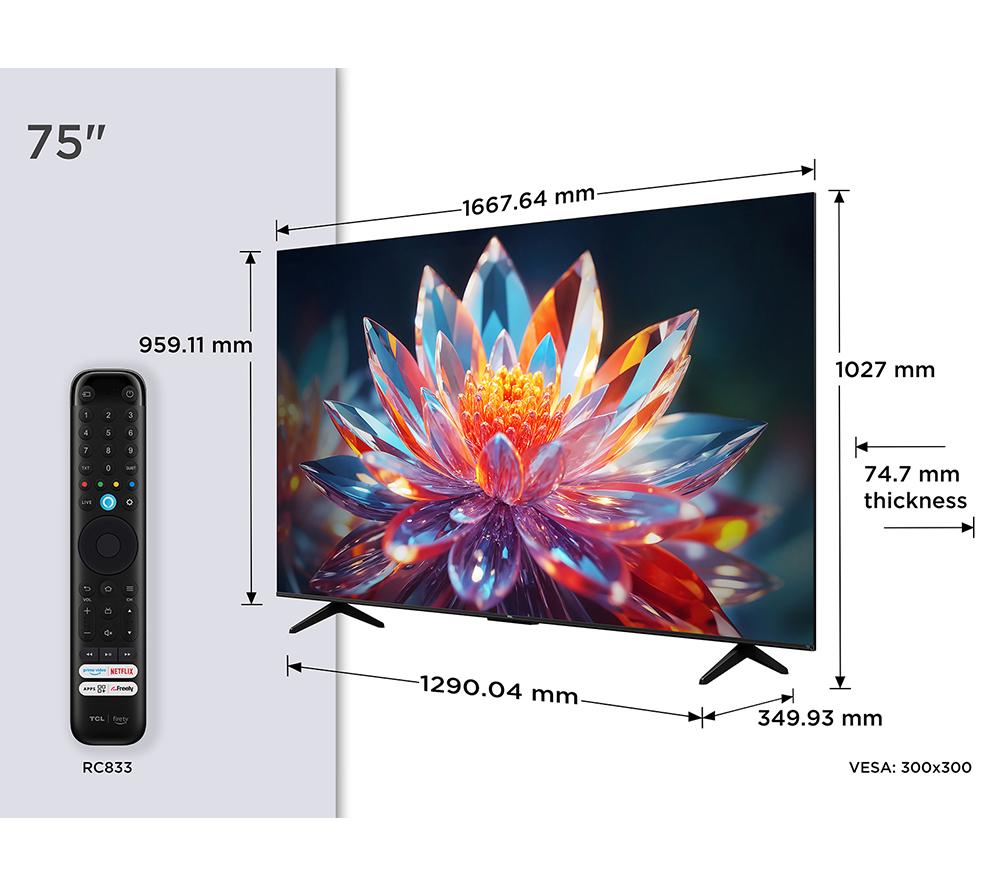 TCL T6C Smart Fire TV QLED 4K HDR de 75" con Freely - 75T6C-UK