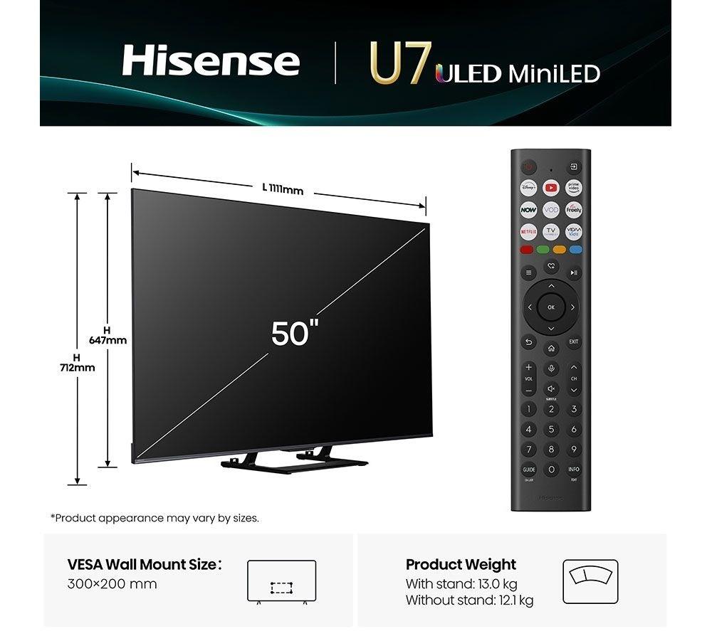 HISENSE U7Q 50" Mini LED 4K 144Hz Smart AI TV with Freely - 50U7QTUK
