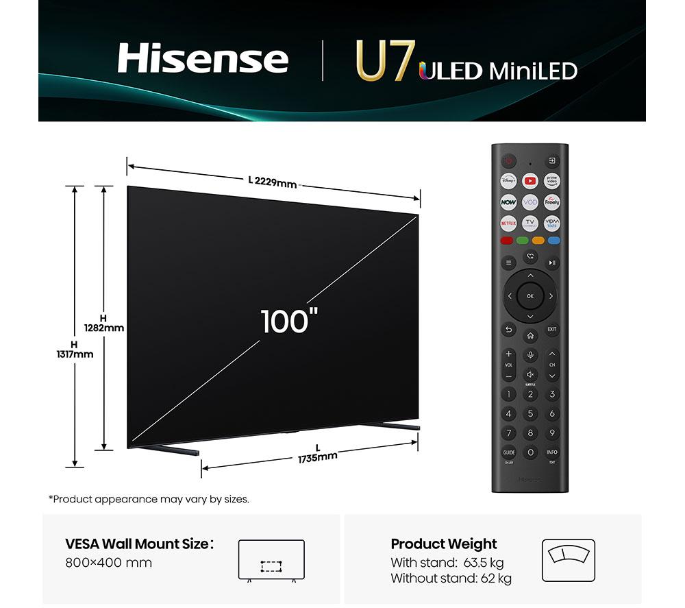 HISENSE U7Q 100" Mini LED 4K 165Hz Smart AI TV with Freely - 100U7QTUK
