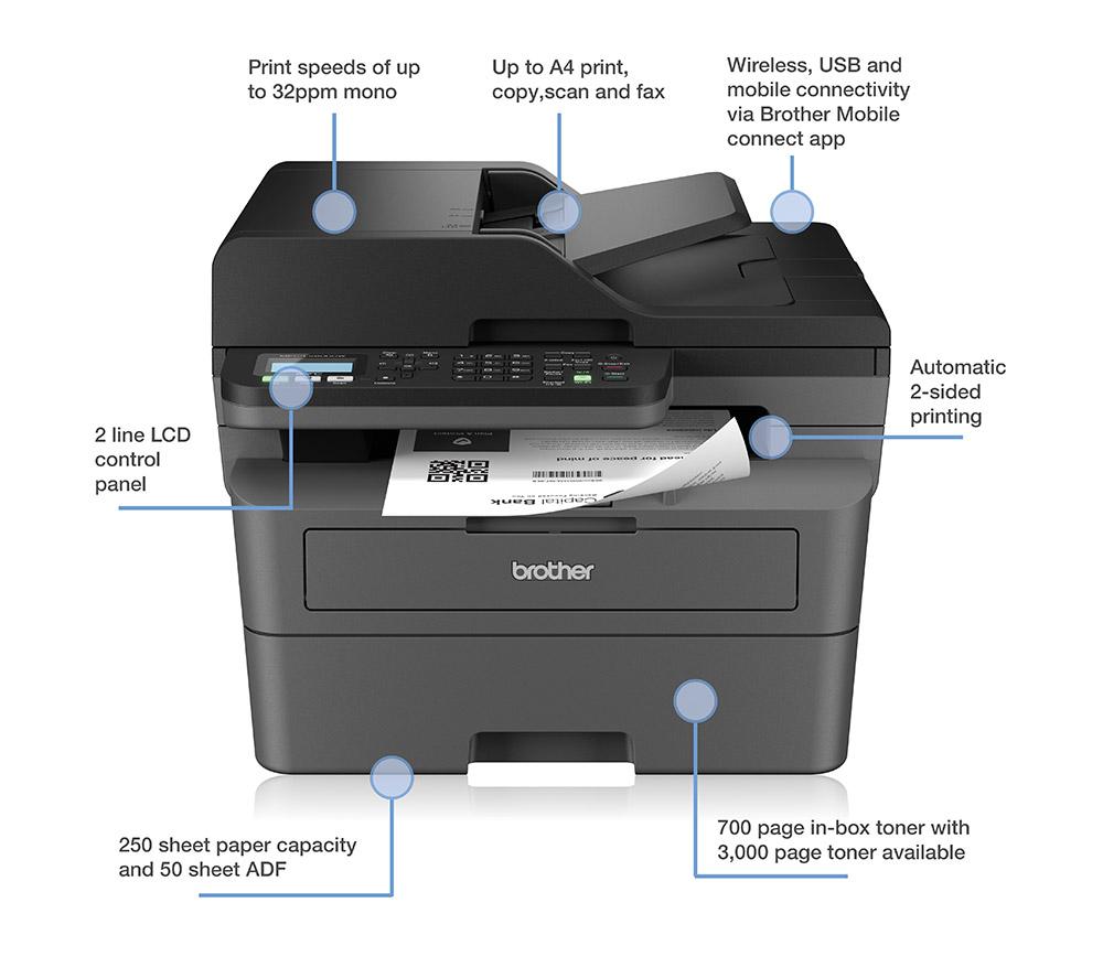 BROTHER MFCL2800DW Monochrome All-in-One Wireless Laser Printer with Fax