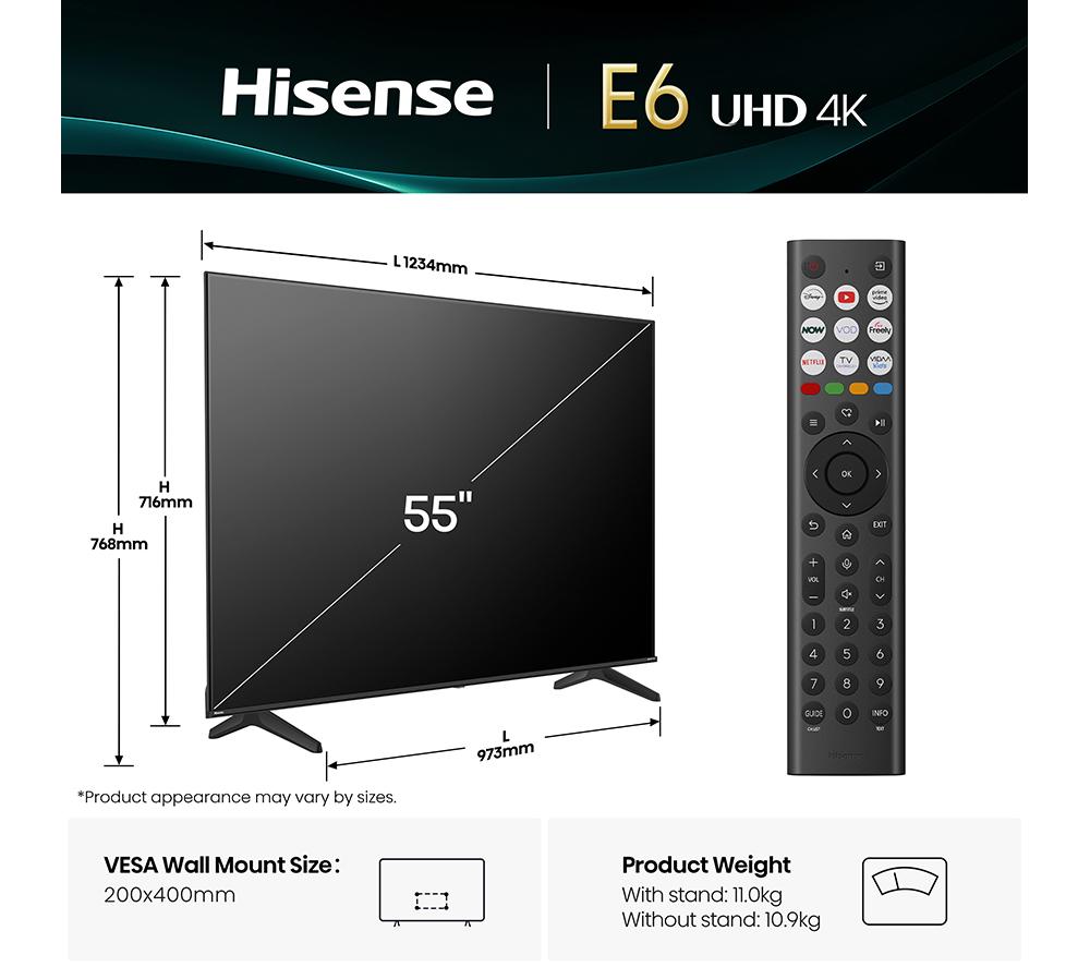 HISENSE E6Q 55" LED 4K HDR Smart TV with Freely - 55E6QTUK