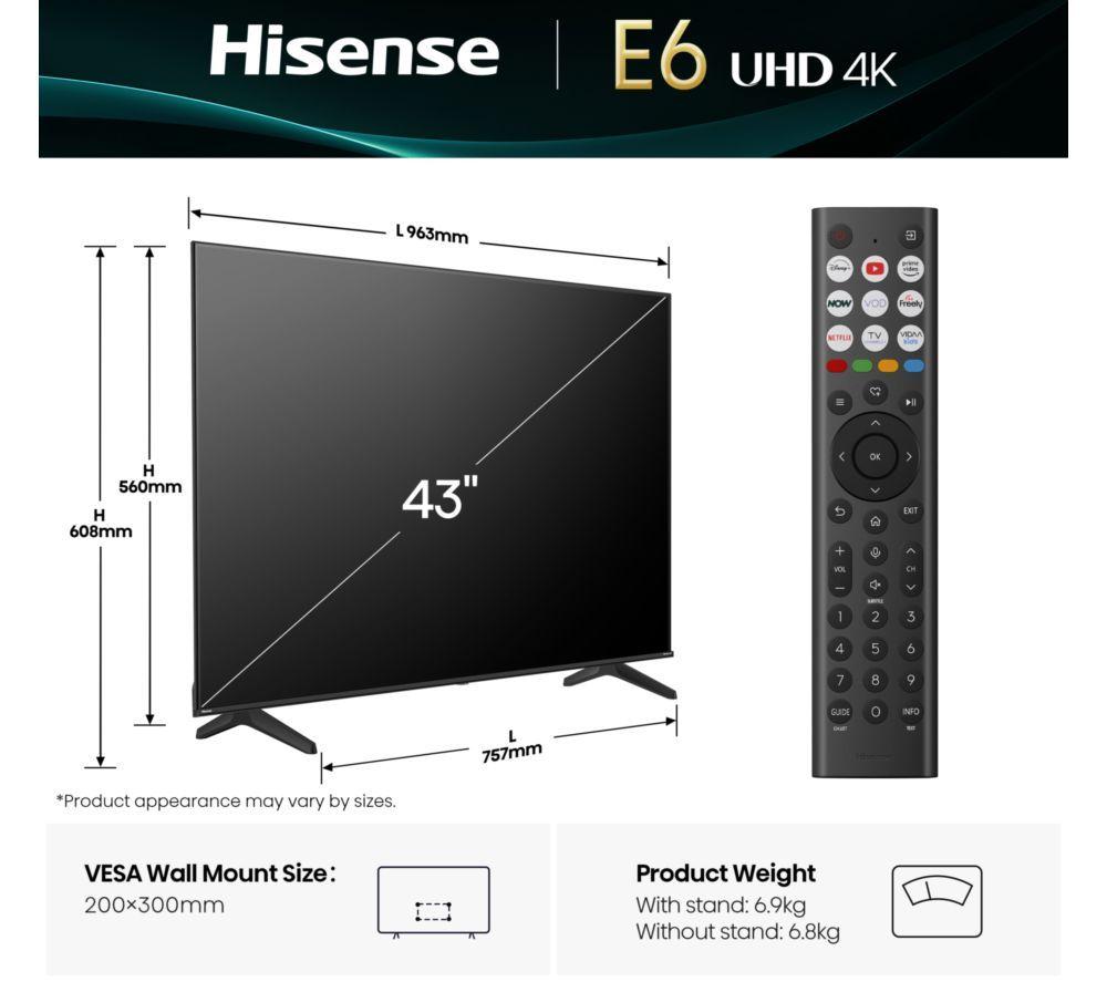 HISENSE E6Q 43" LED 4K HDR Smart TV with Freely - 43E6QTUK