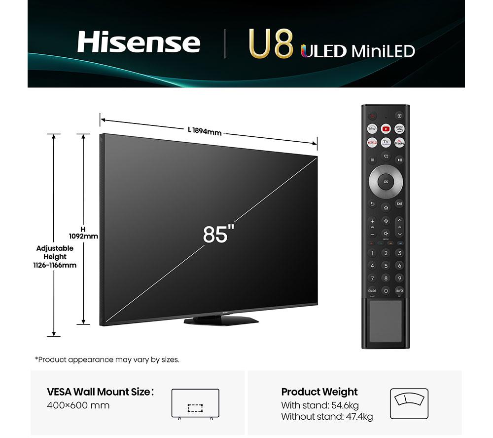 HISENSE U8Q 85" Mini LED 4K 165Hz Smart AI TV with Freely - 85U8QTUK