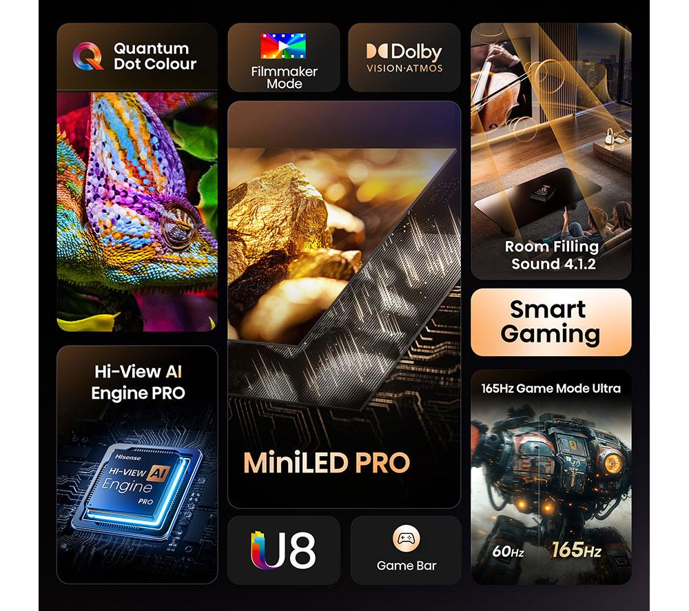 HISENSE U8Q 85" Mini LED 4K 165Hz Smart AI TV with Freely - 85U8QTUK