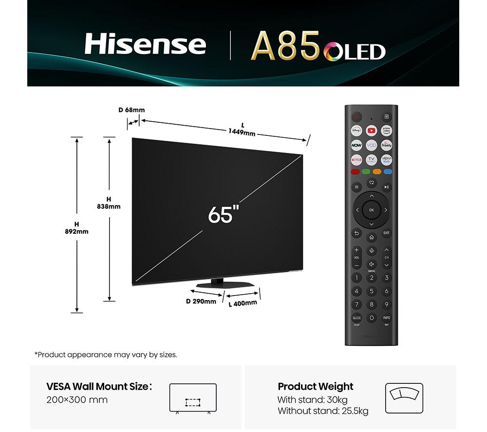 HISENSE A85Q Smart TV OLED 4K de 65" con IA y Freely - 65A85QTUK