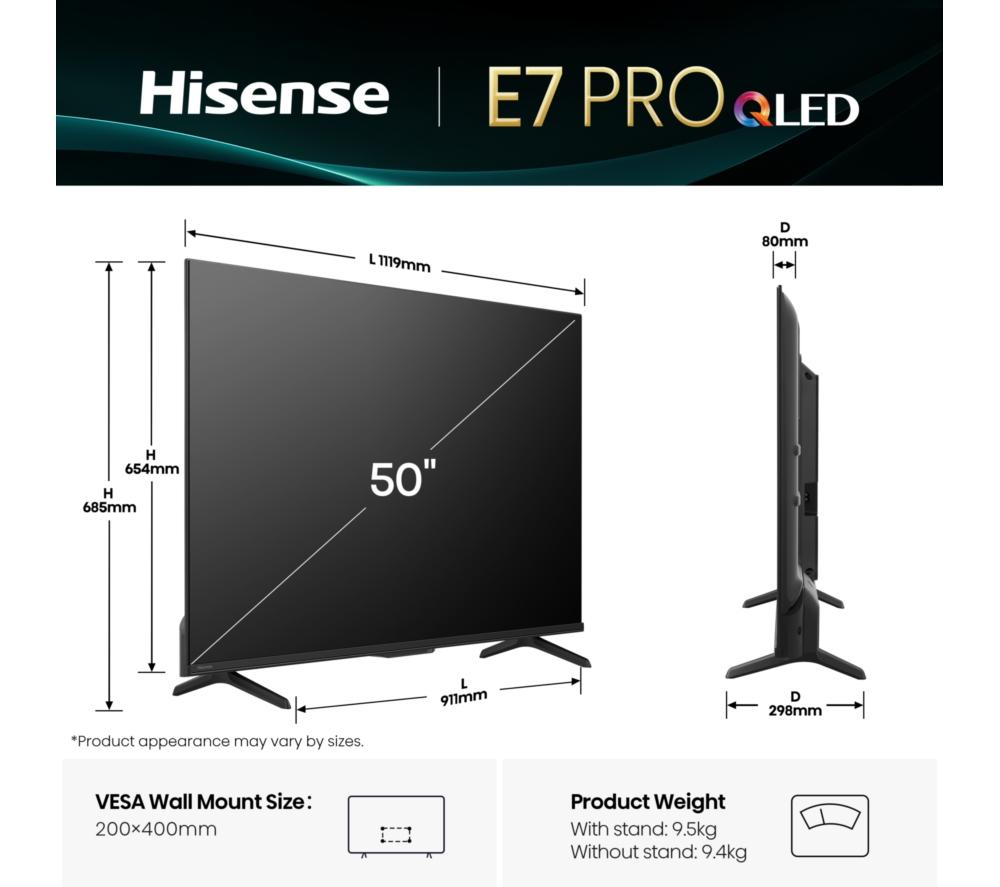 HISENSE E7Q PRO 50" QLED 4K HDR Smart TV with Freely - 50E7QTUK PRO