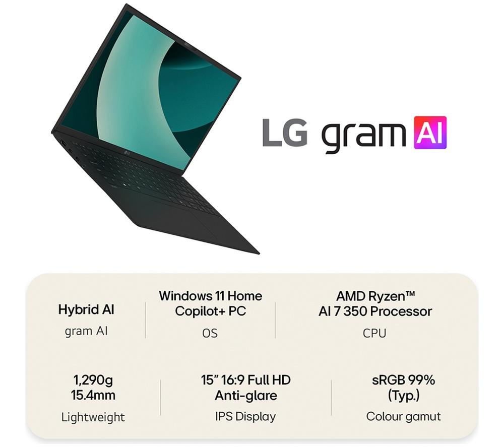 LG gram 15Z80T-G.AU78A1 15.6” Laptop, Copilot+ PC - AMD Ryzen AI 7, 1 TB SSD, Black
