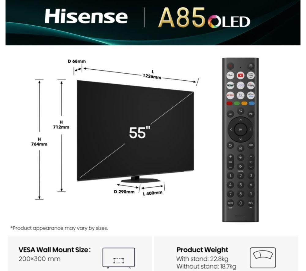 HISENSE A85Q 55" OLED 4K Smart TV con IA y Freely - 55A85QTUK