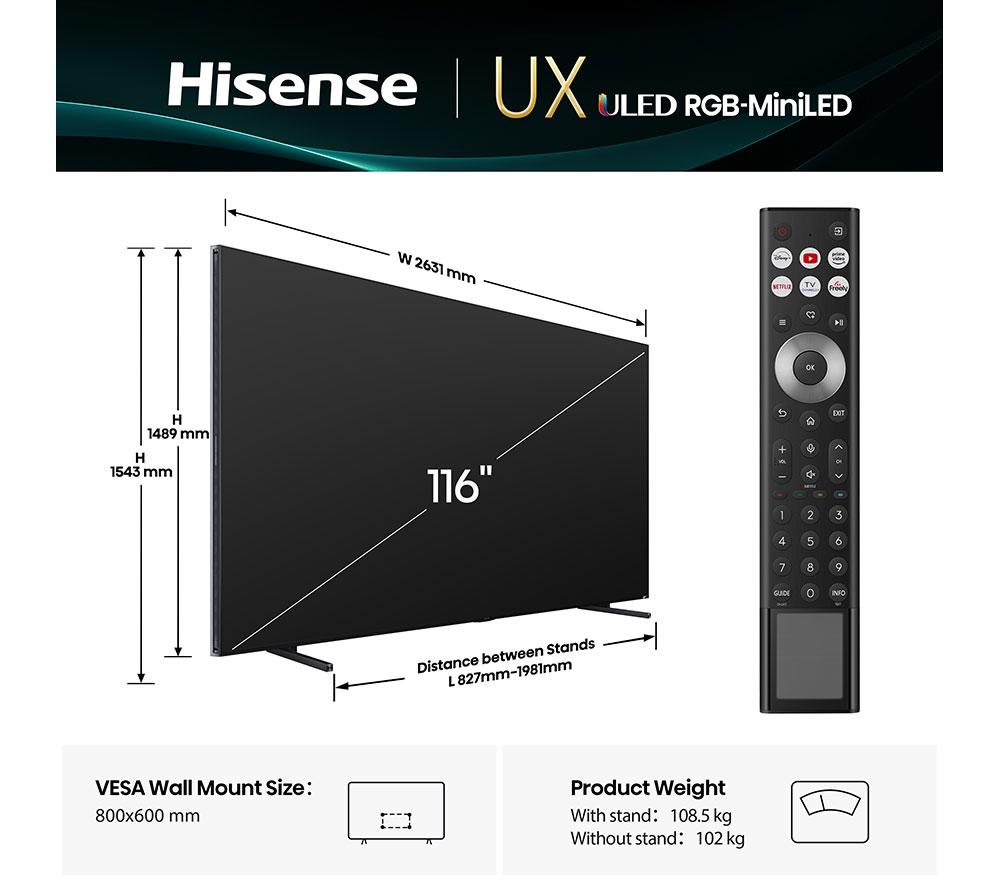 HISENSE UX 116" Tri-Chroma RGB Mini LED Smart AI TV with Freely - 116UXQTUK