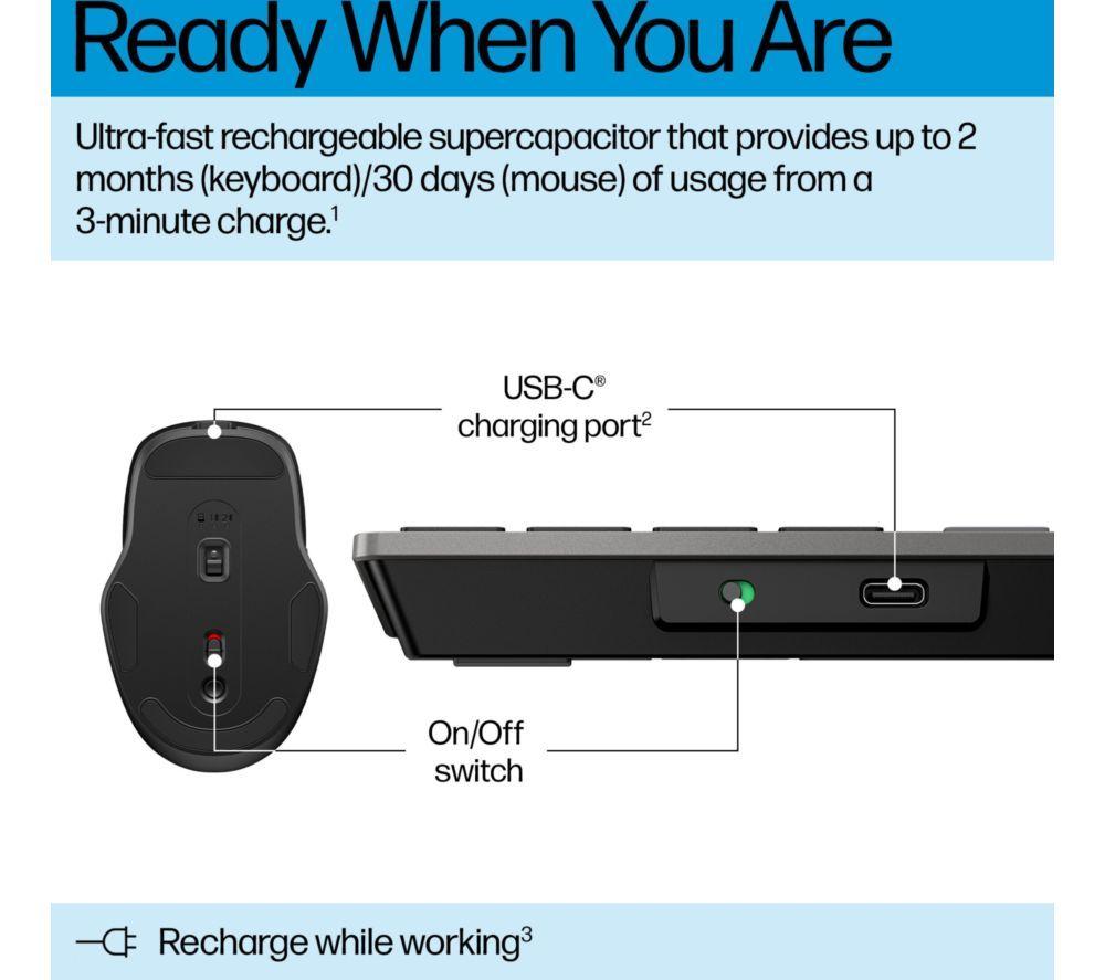 HP 720 Multi-Device Ultra-Fast Rechargeable Wireless Keyboard & Mouse Set - Black