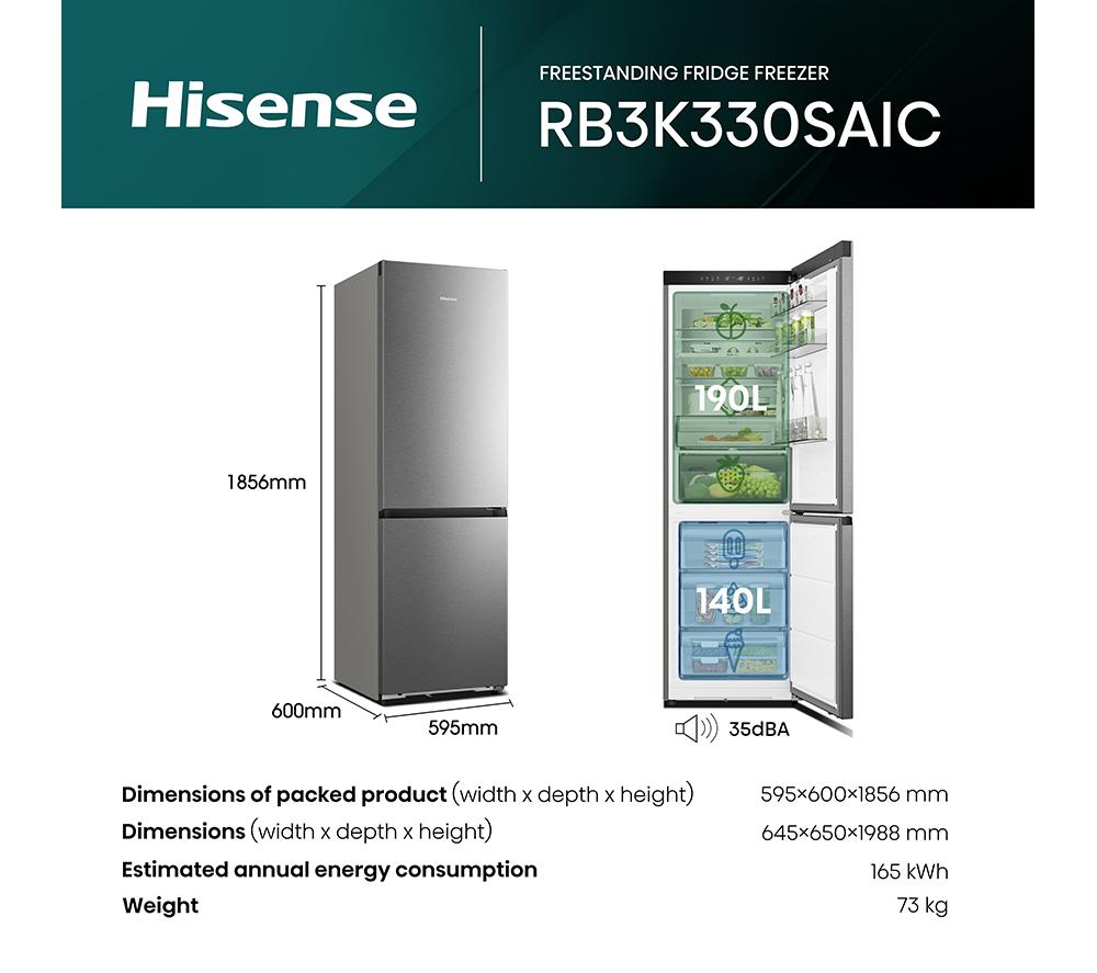 HISENSE KitchenFit RB3K330SAIC Smart 60/40 Fridge Freezer - Silver Inox