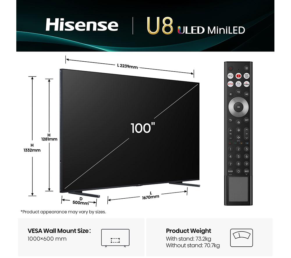 HISENSE U8Q 100" Mini LED 4K 165Hz Smart AI TV with Freely - 100U8QTUK
