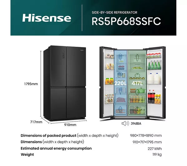 Frigorífico americano inteligente HISENSE PureFlat RS5P668SSFC - Acero inoxidable negro