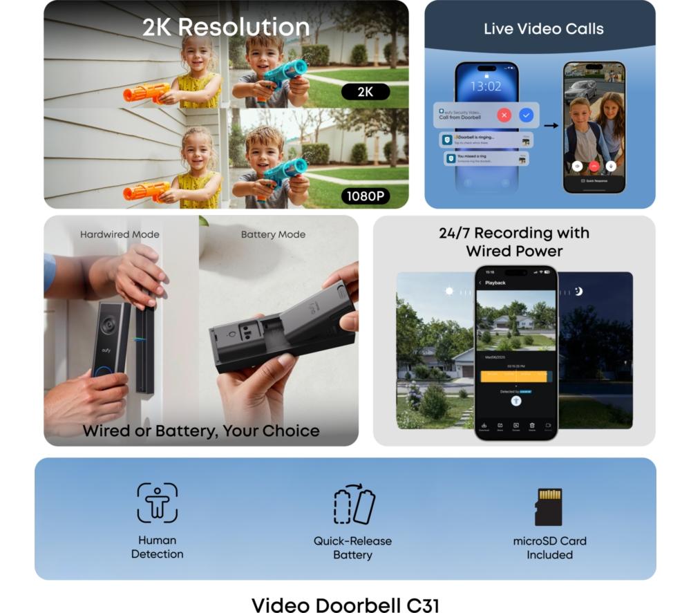 EUFY C31 2K smarte Video-Türklingel mit MicroSD-Karte & C220 Pan-Tilt 2K WiFi Indoor-Überwachungskamera Bundle