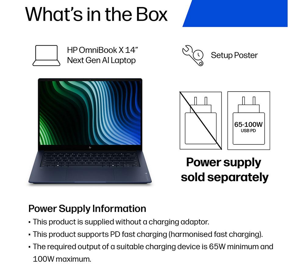 HP OmniBook X NGAI 14" Laptop, Copilot + PC - Intel® Core™ Ultra 5, 1 TB SSD, Atmospheric Blue