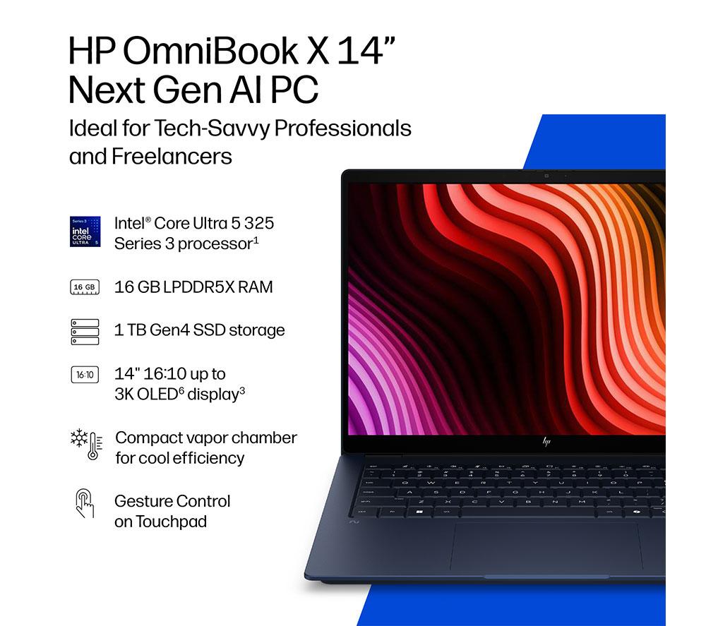 HP OmniBook X NGAI 14" Laptop, Copilot + PC - Intel® Core™ Ultra 5, 1 TB SSD, Atmospheric Blue