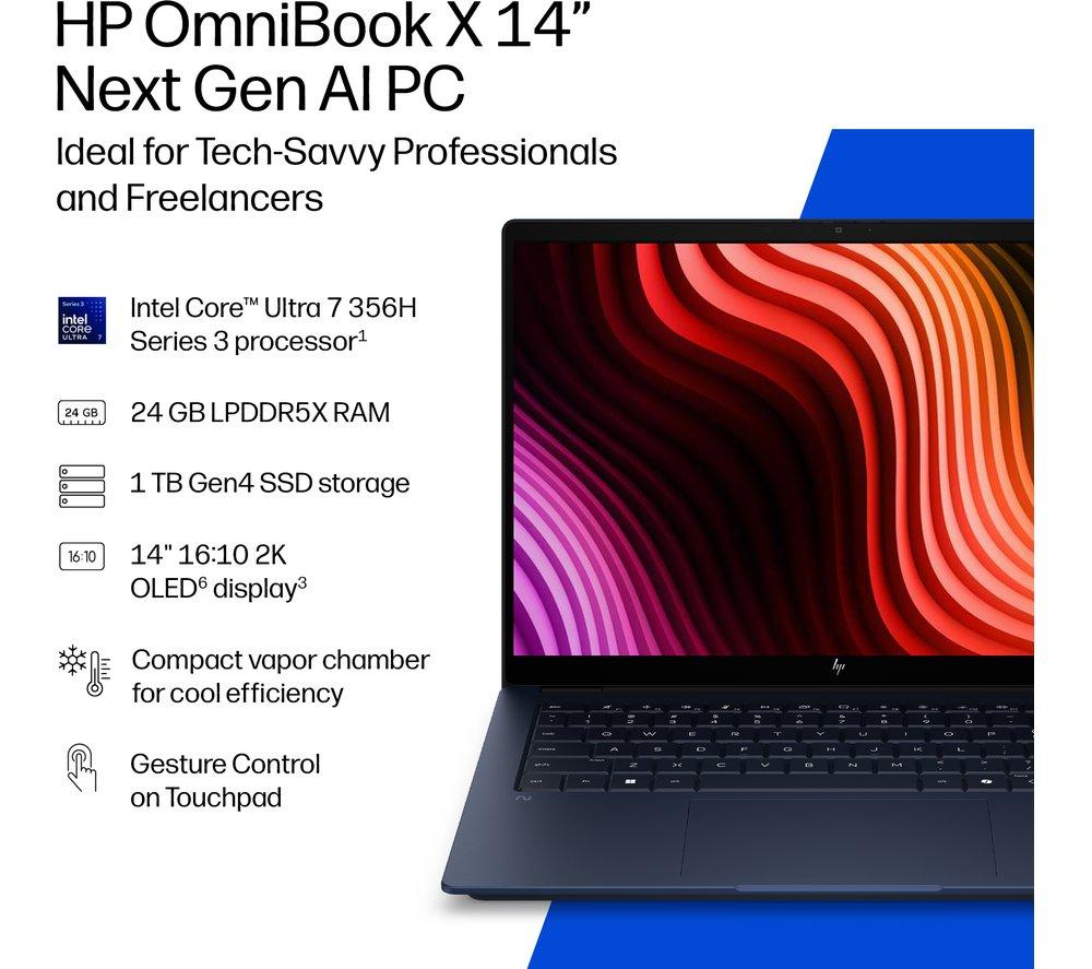 Portátil HP OmniBook X NGAI de 14", Copilot + PC - Intel® Core™ Ultra 7, 1 TB SSD, azul atmosférico