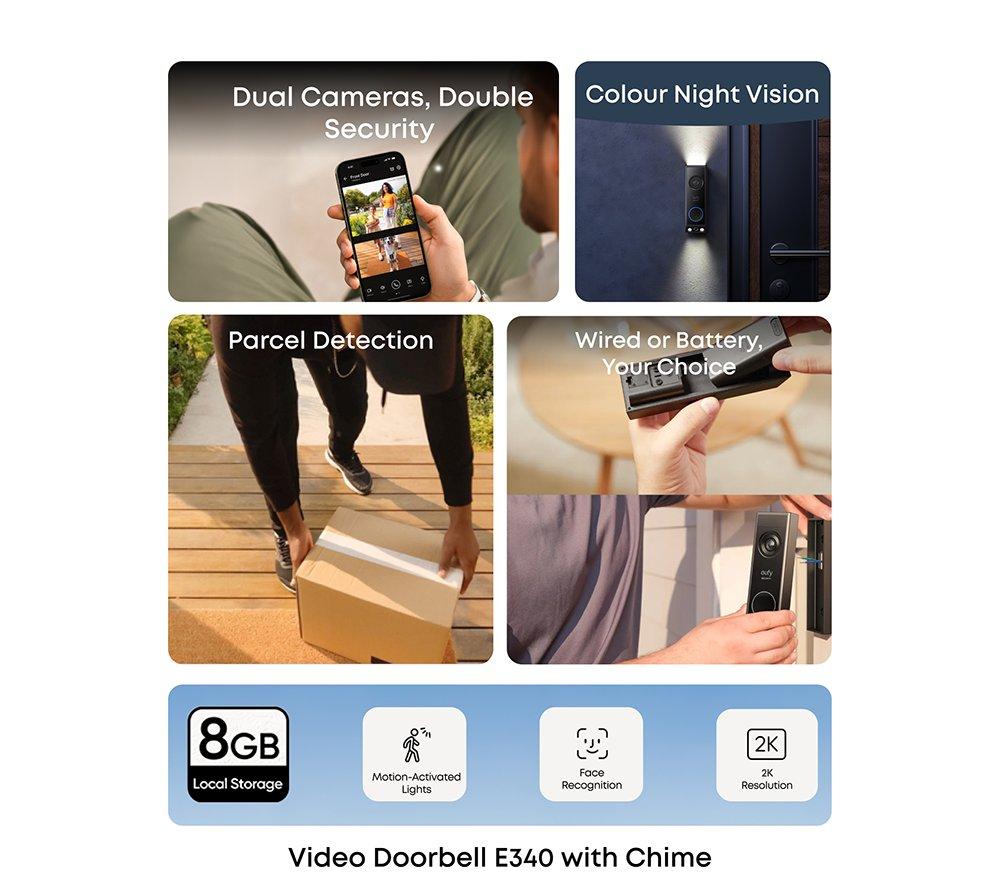 EUFY E340 2K Dual Camera Smart Video Doorbell & Floodlight E30 2K WiFi Security Camera Bundle