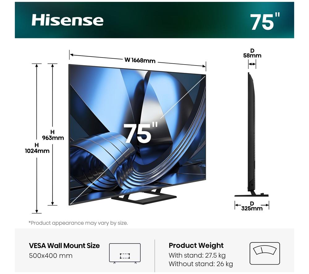 HISENSE U7S 75" Mini LED 4K 144Hz Smart AI TV with Freely - 75U7STUK