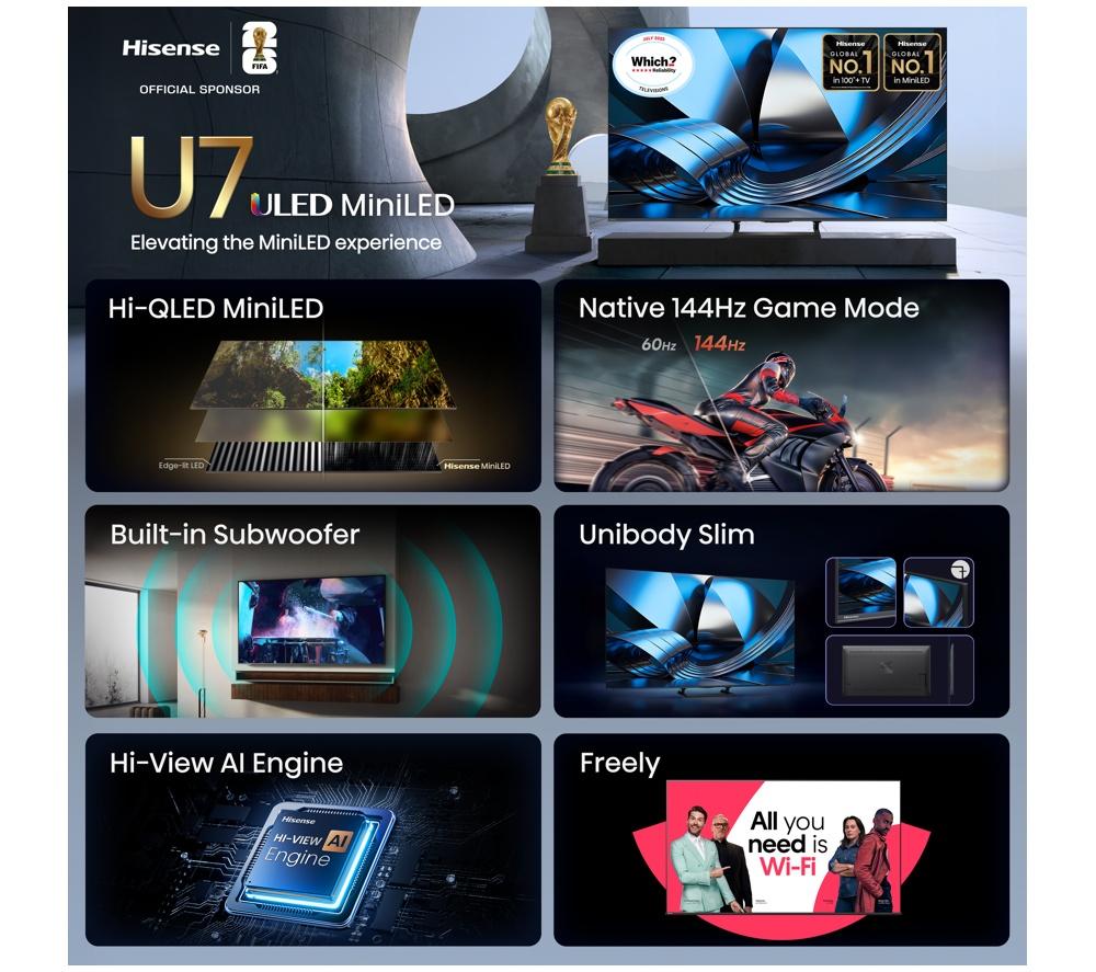HISENSE U7S 75" Mini LED 4K 144Hz Smart AI TV with Freely - 75U7STUK
