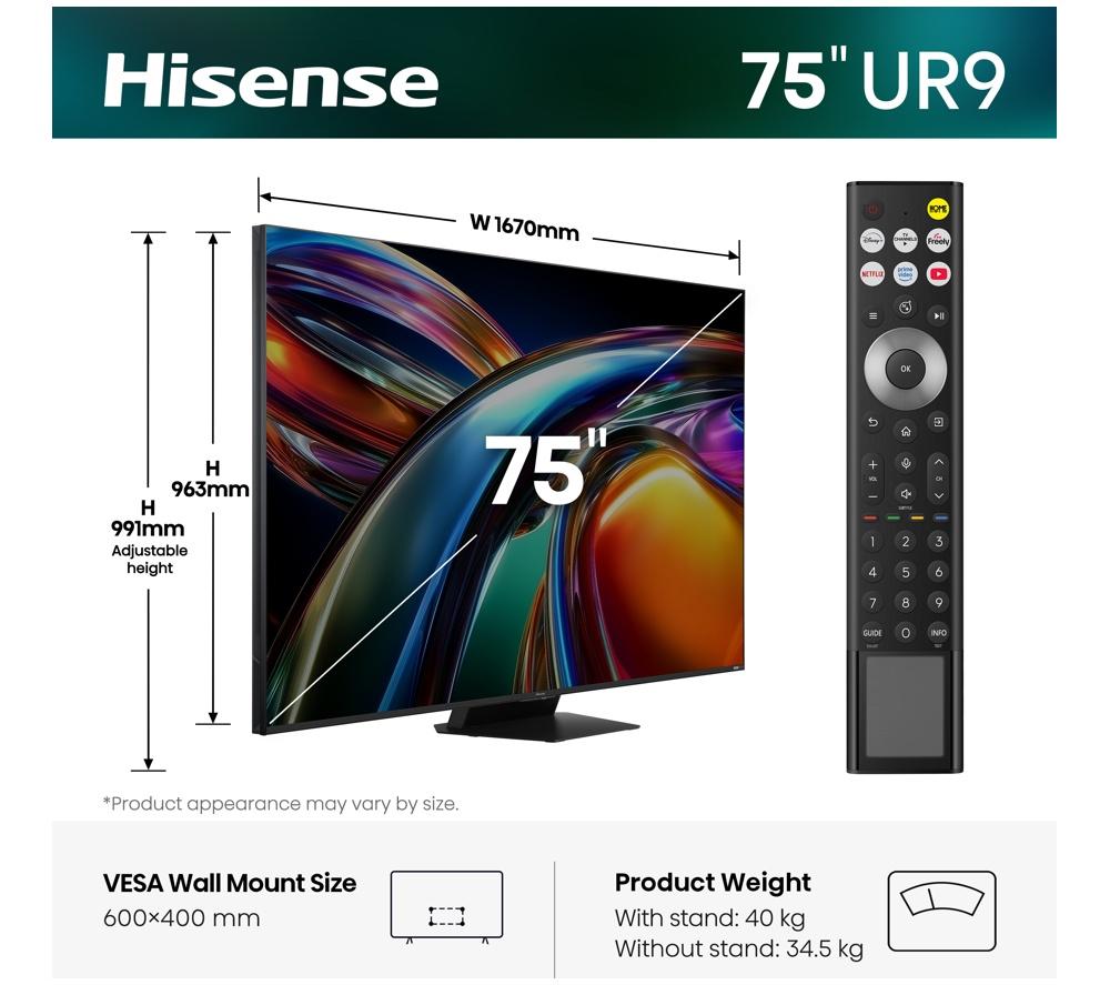 HISENSE 75UR9STUK 75" Smart 4K Ultra HD HDR RGB Mini LED TV
