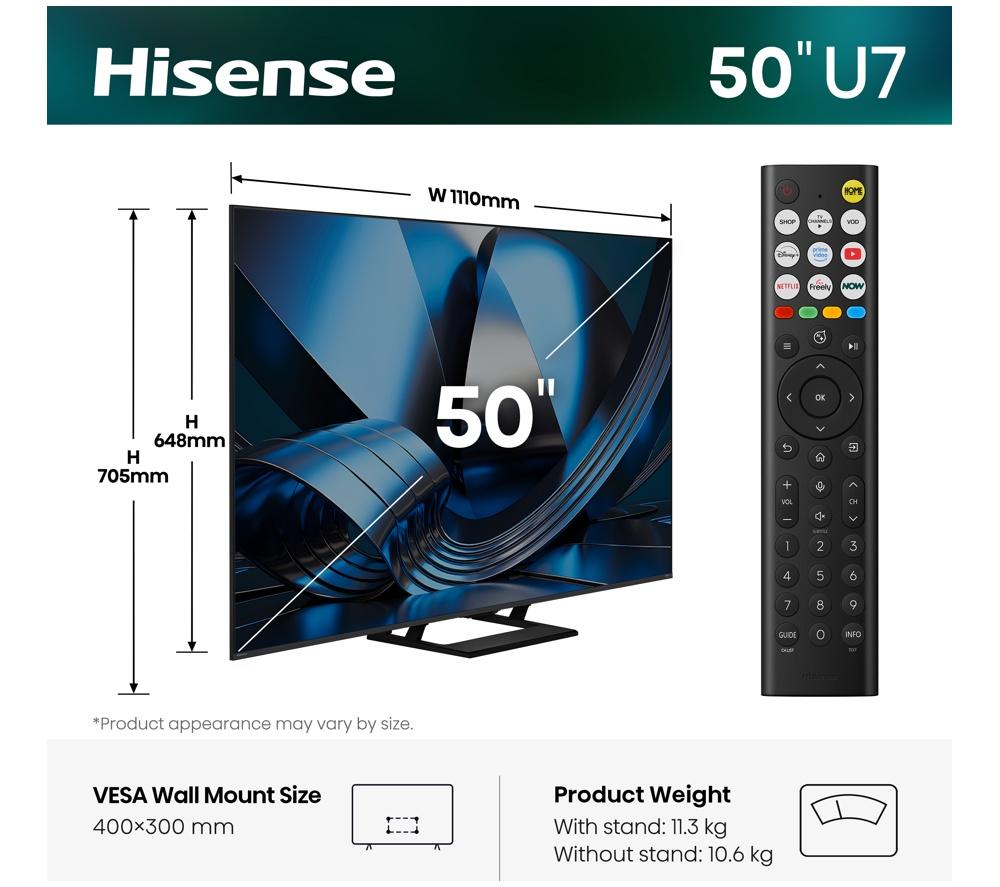 HISENSE U7S 50" Mini LED 4K 144Hz Smart AI TV with Freely - 50U7STUK