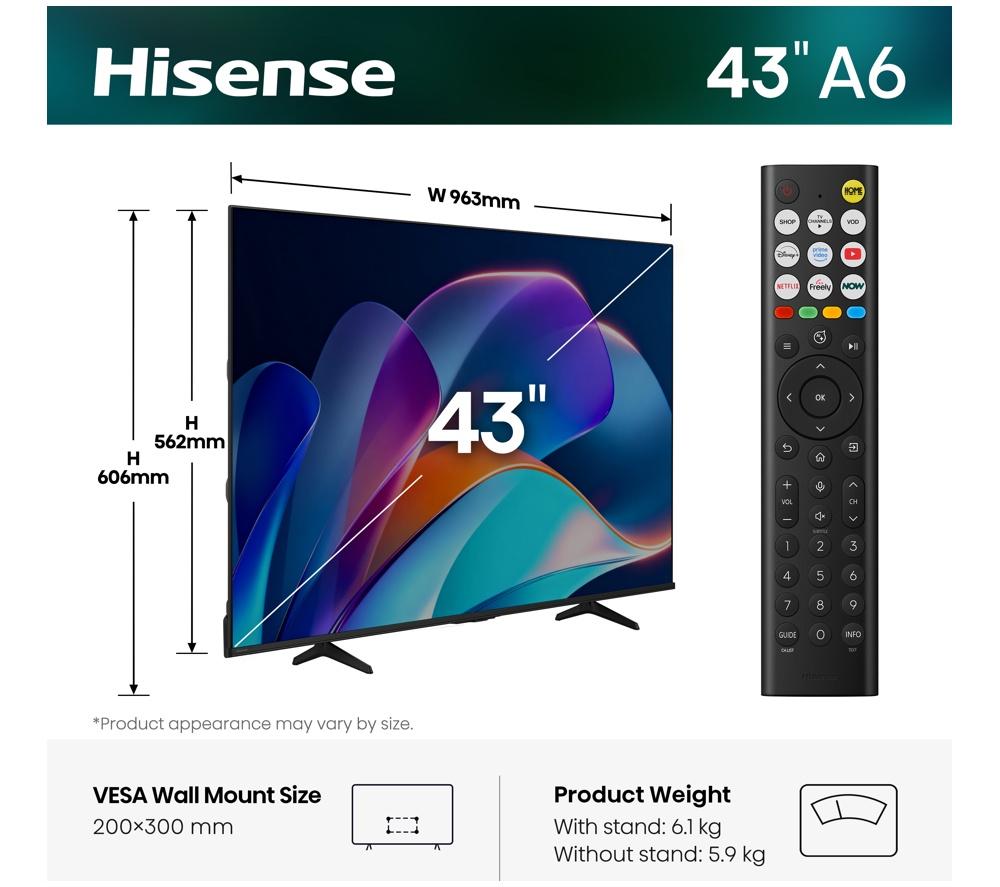 HISENSE A6S 43" LED 4K HDR Smart TV with Freely - 43A6STUK