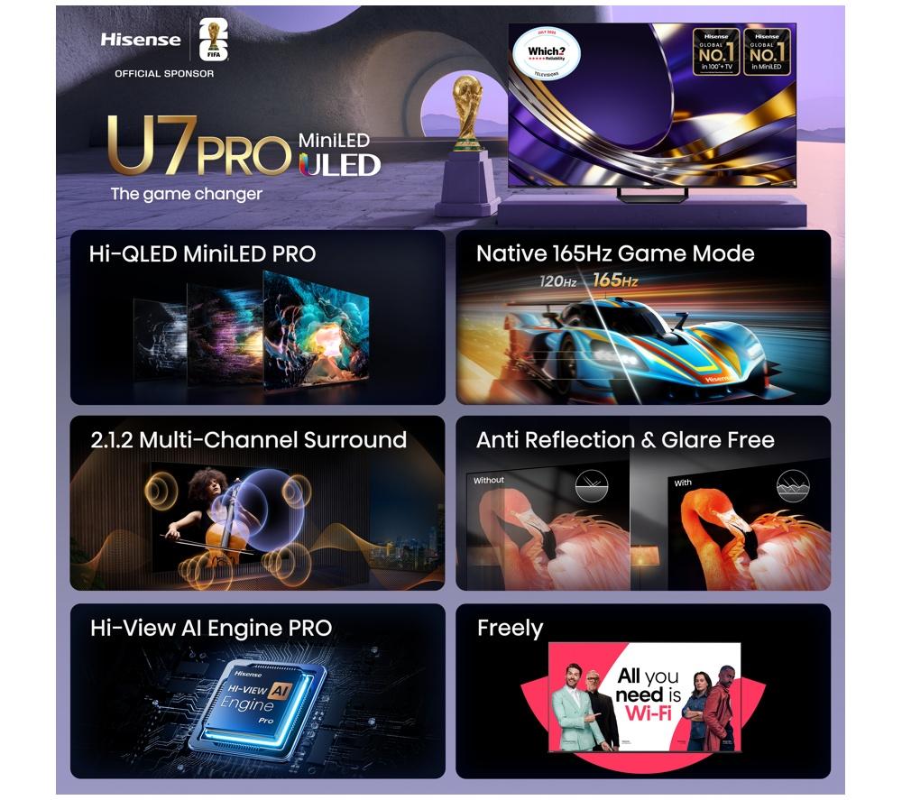 HISENSE U7S PRO 65" Mini LED 4K 165 Hz Smart AI TV with Freely - 65U7STUK PRO